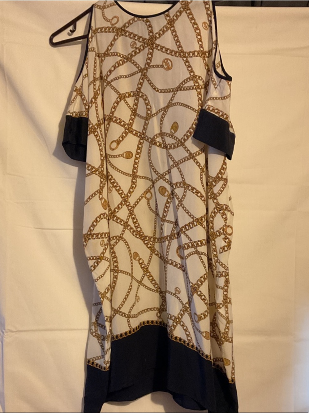 MICHAEL Michael Kors White Dress with Gold Chain Print and Black Trim